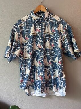 Dockers Blue Sailboat Print Short-Sleeve Button-Down Shirt